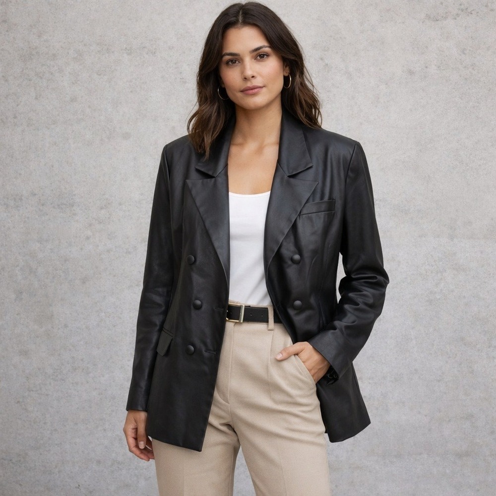 BLANKNYC Black Faux Leather Double Breasted Blazer Jacket Sz L Pockets Business - Picture 2 of 16